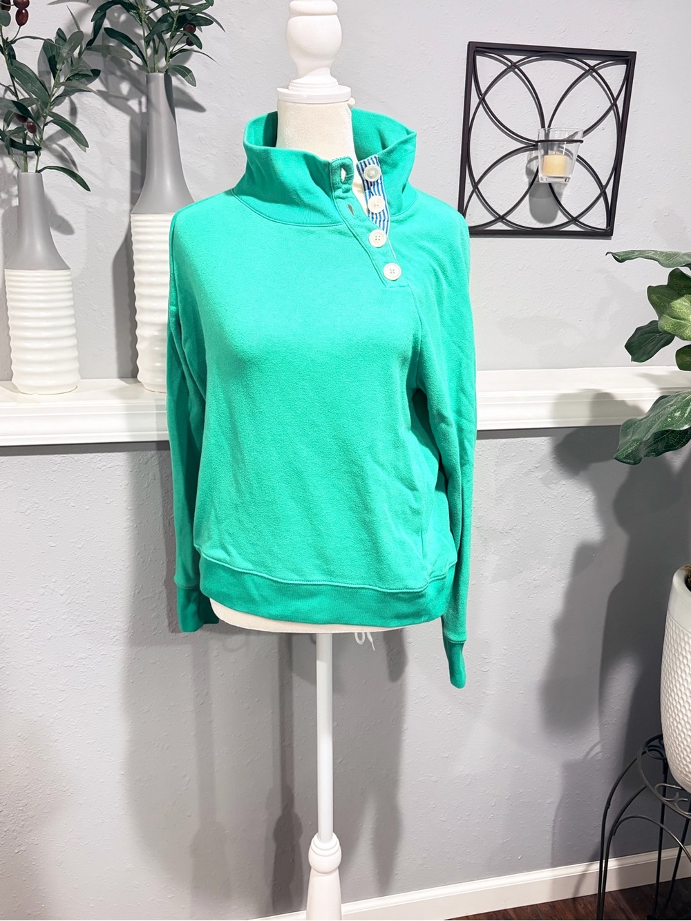 J. Crew Teal Button-Trim Funnel Neck Sweatshirt